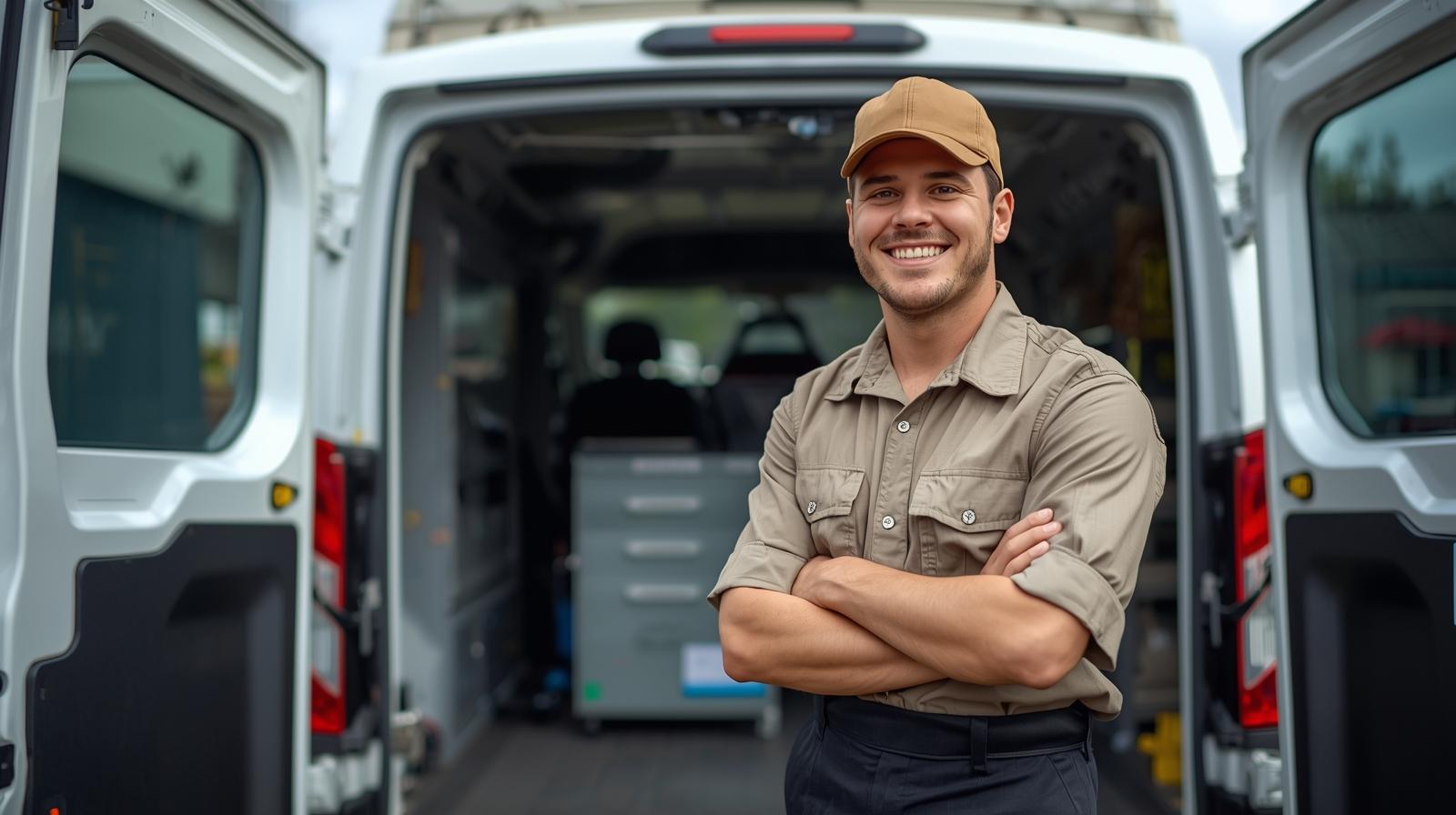 service monteur buitendienst, voor zijn werkbus met zijn duim omhoog